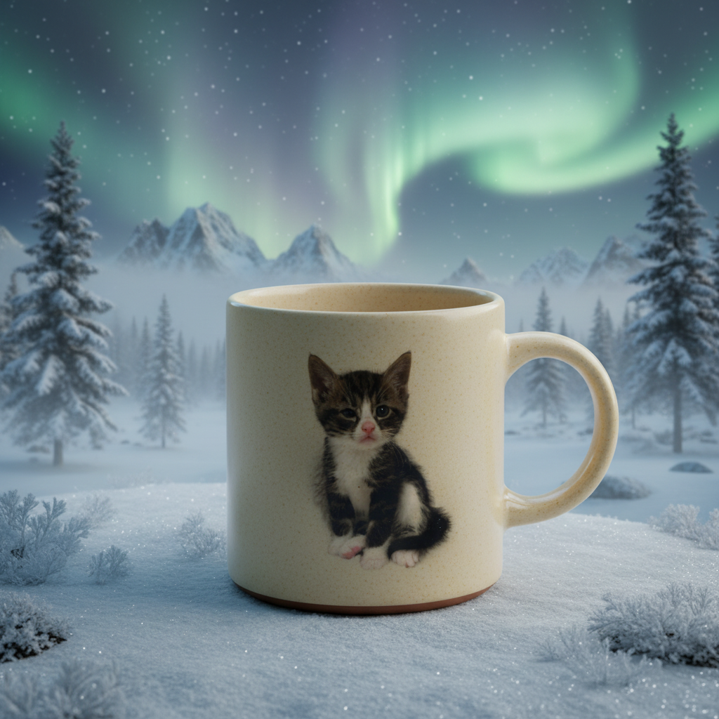 Kaffemugg med svartvit killing i nordiskt vinterlandskap